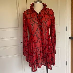 Damee Sheer, dressy, Red Tunic Shirt Jacket Top L